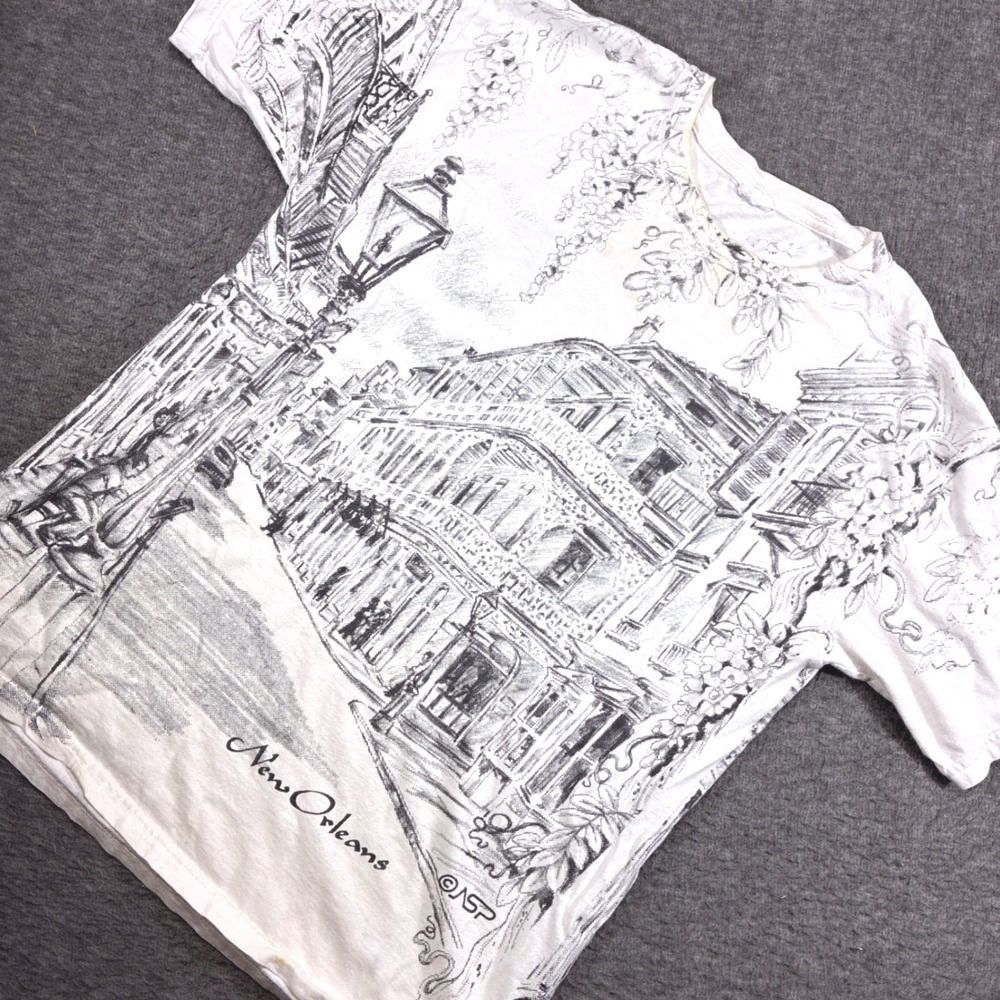 ASP New Orleans Graphic T-Shirt Mens XL White Distressed Sketch Print AOP